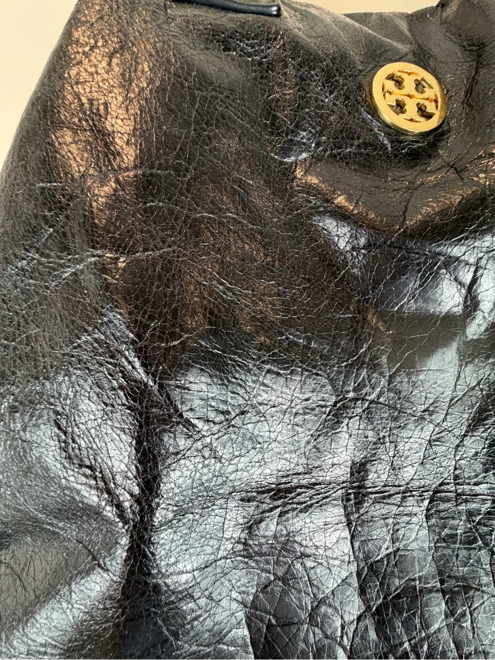 Tory Burch Black Leather Shoulder Bag with Gold Logo